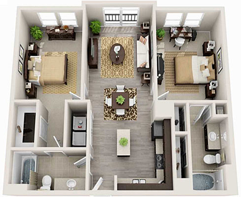 Floor plan for 2 beds, 2 baths, 1023 sqft